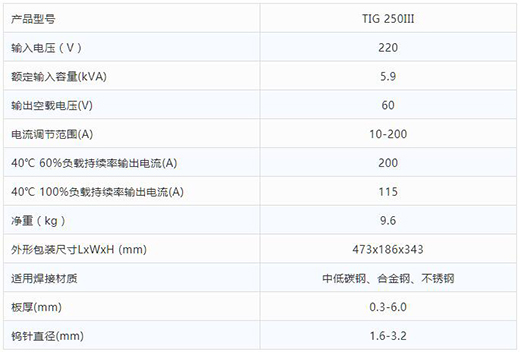 博亿国际TIG 250III焊机技术参数